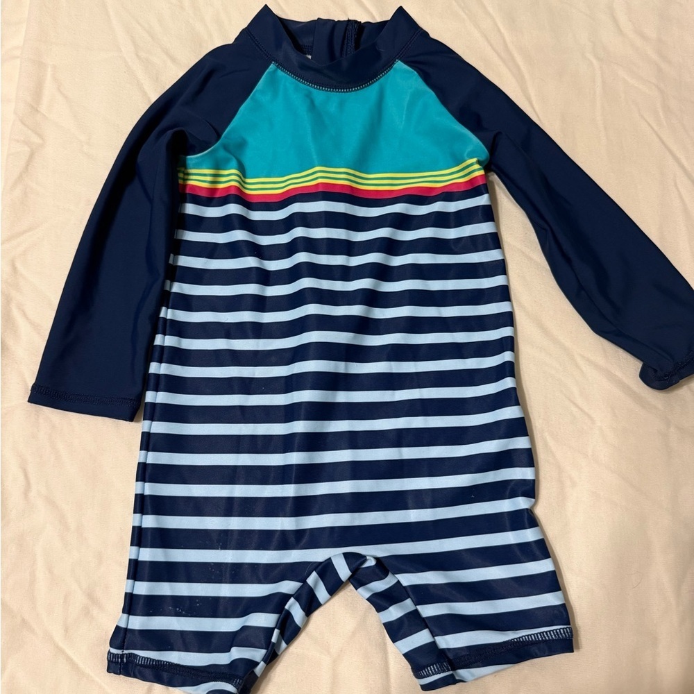 Carter's Navy, Teal & Yellow Striped Long-Sleeve Swim One-Piece - Picture 3 of 6